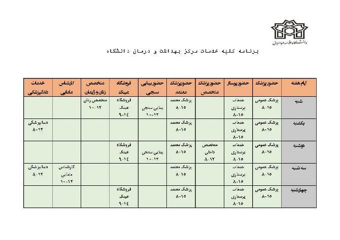 برنامه کلیه خدمات مرکز بهداشت و درمان دانشگاه